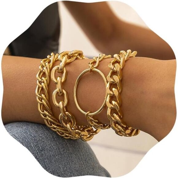 Chunky Gold Chain Bracelet Set for Women – Bold Statement Layered Bracelets - Picture 1 of 7